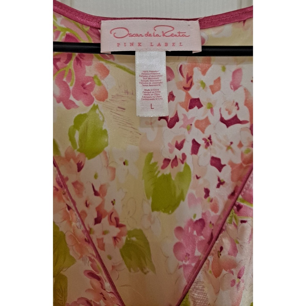 Oscar de la Renta Cherry Blossom Satin Pajama Set Sleepwear Floral Pink Green L - Picture 3 of 6